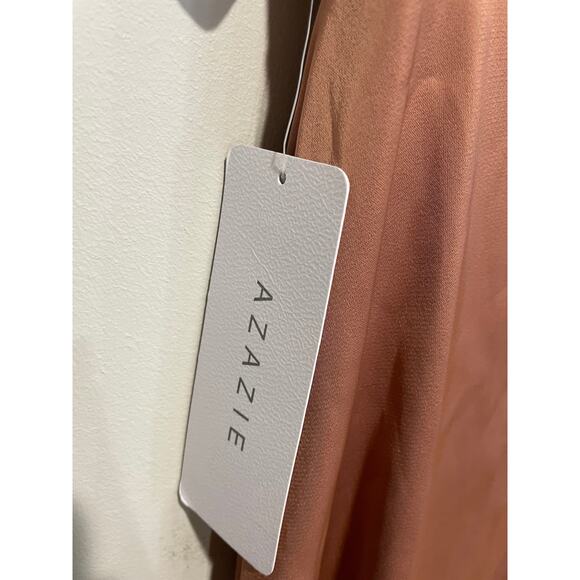 NWT Azazie Lani Stretch Satin Flounce Sleeve A-Line Dress Bronzer Womens Size A2 - Picture 4 of 8